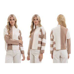 Blu Pepper Sweater Womens M Colorblock Beige Tan Mock Neck Striped Knit Pullover